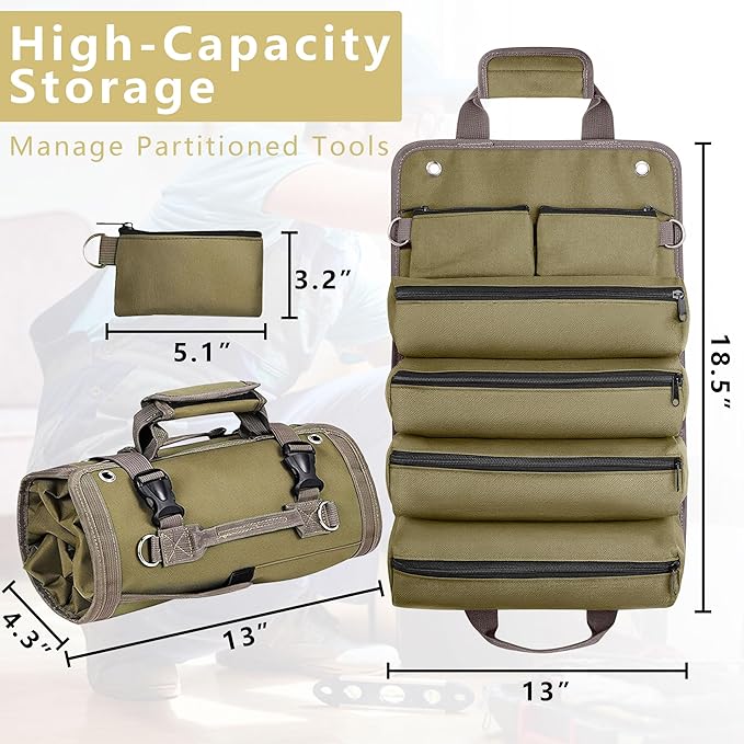 Roll Up Tool Bag Organizer, Tool Bags for Men, Tool Roll Bag with 2 Detachable Zipper Pouches, Heavy Duty Tool Bag for Dad Birthday, Father’s Day Gifts, Handyman or RV Owners (Khaki)