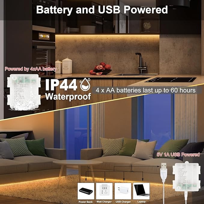2 Pack LED Strip Lights Indoor Outdoor Waterproof, 16.5ft 150 LED 2700K-6000K Tunable White Battery Powered LED Strip Lights with Remote USB Dimmable Timer Cuttable for Kitchen Bathroom Yard Pool