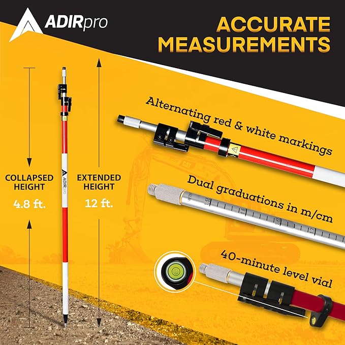 AdirPro Aluminum Prism Pole - Telescopic 12’ (3.7m) – Fixed Adapter Tip – Quick Release Clamp - Metric Graduation - Strong & Lightweight GPS Pole - for Use with Prisms - Rover Rod - GNSS Instruments