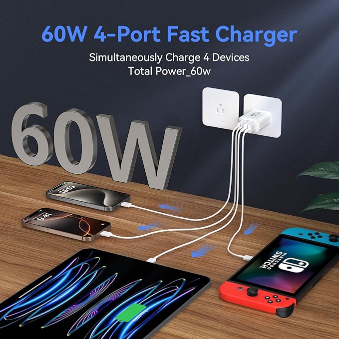 USB C Wall Fast Charger Block, 60W 4-Port Type C Charger Fast Charging Blocks +QC 3.0 USB C Multiport Charger Brick for Phone 16/15/14/13/12 Pro Max, Pad, Galaxy S24/23