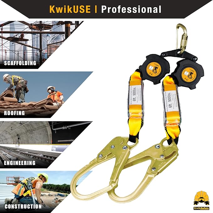 KwikSafety - 6' COBRA Web Twin-Leg Self Retracting Lifeline [NO Tangle Web] Class 1 Retractable SRL Lanyard ANSI OSHA
