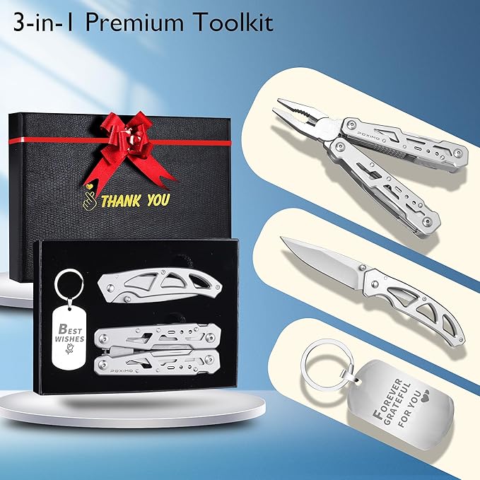 Multitools Gift Set “THANK YOU”, 14-in-1 Multi-tool Pliers & Pocket Knife Set with Keychain Tag, 3-Piece EDC Kit for Camping, Hiking - Premium Gift Box for Birthday, Christmas, Thanksgiving Day