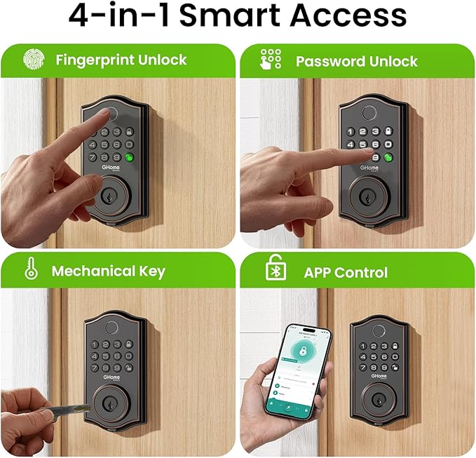 Ghome Smart Deadbolt Lock for Front Door, Keyless Entry Door Lock with Keypad, App Remote, Auto Lock, Easy Installation, Fingerprint Door Lock for Home, Airbnb, Apartment, Garage, Zn-Al-Cu Alloy Black