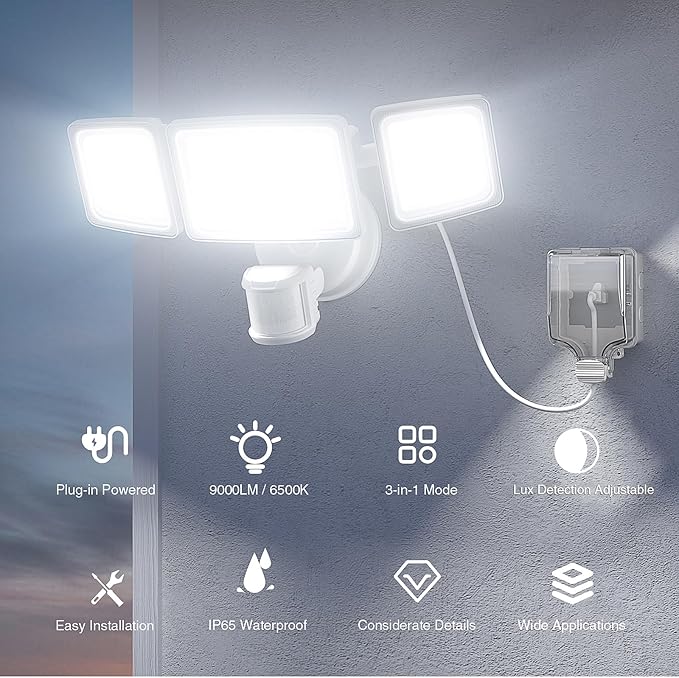 Onforu 100W LED Motion Sensor Outdoor Lights Plug in, Dusk to Dawn Flood Security Lighting Outside, Motion-Activated Detector Exterior Photocell Light Fixture, 9000LM 6500K IP65 Waterproof (White)