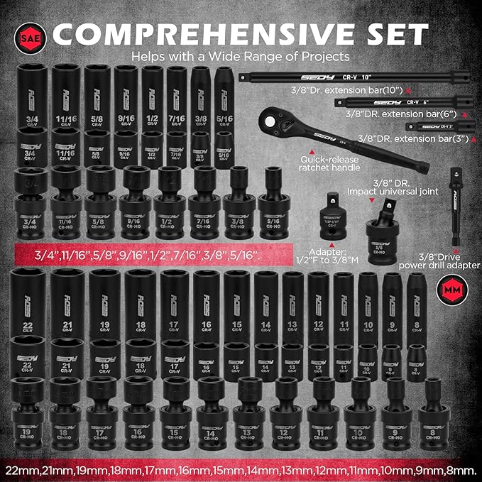 71-Piece 3/8" Drive Master Impact Socket Set, SAE and Metric, 5/16"- 3/4", 8mm - 22mm, Cr-V, Cr-MO, Universal Joint Deep Standard Sockets with Ratchet Handle, Swivel Sockets, Extension Bars, Adapters