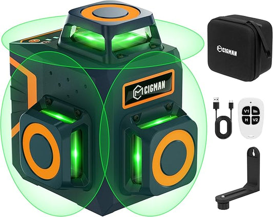 CIGMAN Laser Level 360 Self leveling, Rechargeable 3X360° Laser Level for Picture Hanging, Construction Laser, Remote Control & Magnetic Bracket,100FT Working Distance