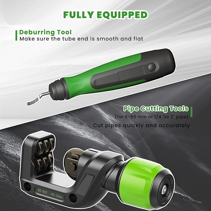Flaring Tool Kit for 1/4'' - 3/4'' and 6-19mm Single Flare HVAC, 45° Eccentric Type Flare Tool with Clutch, Pipe Cutter, Deburring Tool for Copper/Aluminum/Stainless Steel Pipes (5 in 1 Kit)
