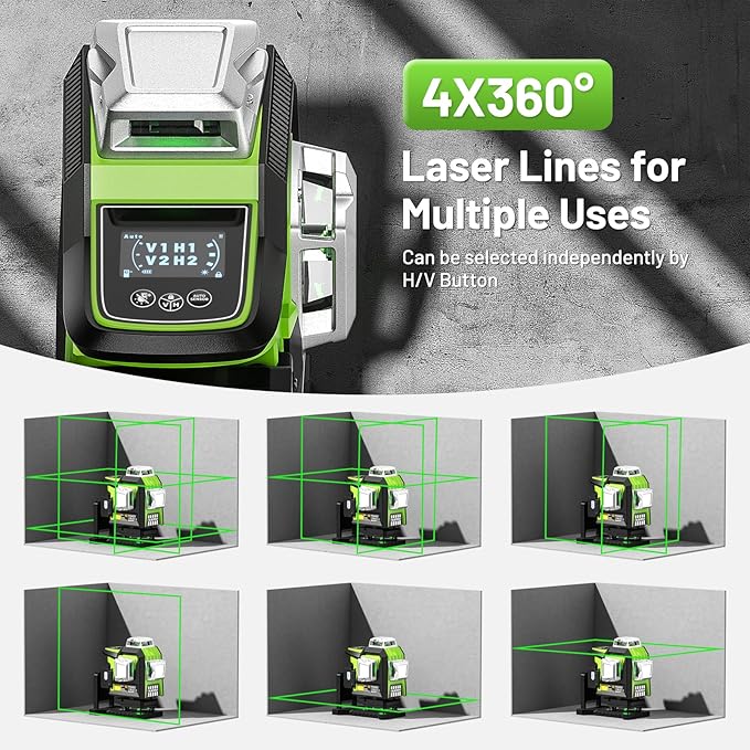 Huepar Laser Level 360 Self Leveling, 1/13 High Accuracy, 4D Green Laser Line Level with LCD Screen & Pulse Mode & Adjust Laser Brightness 4x360 Cross Line Laser -Magnetic Base, Hard Carry Case HX04CG