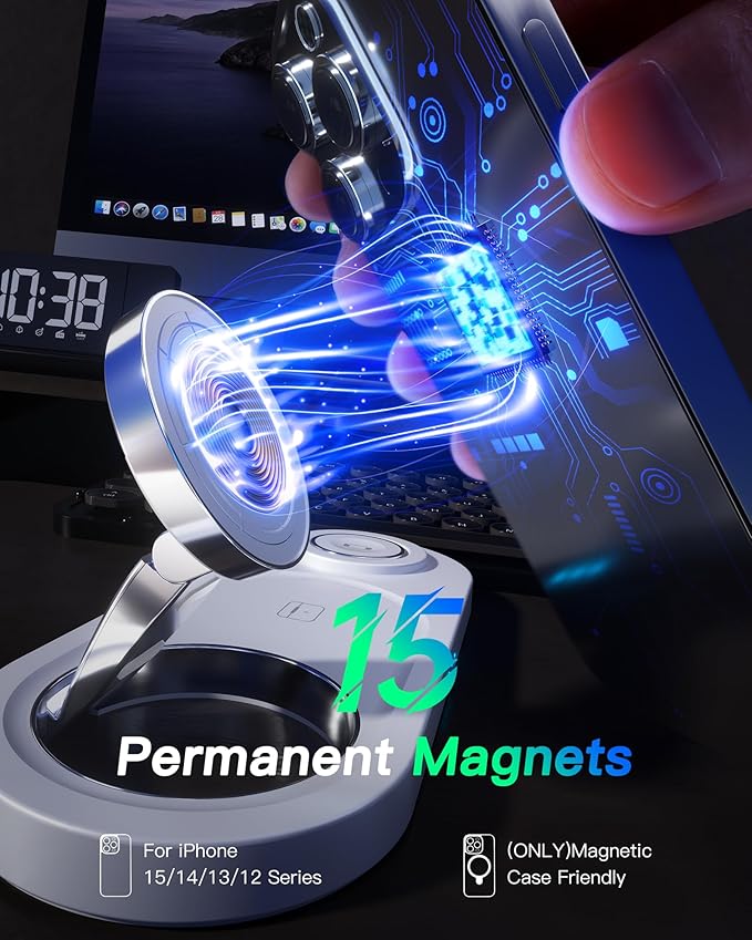 Upgraded 3 in 1 Wireless Charging Station for Apple Devices, Faster Mag-Safe Charger Stand, Magnetic Charger Station for iPhone 17/16/15/14/13/12 Series & AirPods Pro & Apple Watch Series (White)