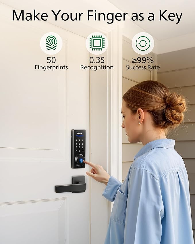 Philips Fingerprint Keyless Entry Door Lock, Electronic Door Lock with Touchscreen, Long-Lasting Battery, Auto Locking, One-Time Code, Keypad Deadbolt, One-Touch Locking, Matte Black