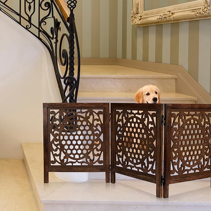 Wooden Freestanding Foldable Dog Gate – 3 Panels, Extra Wide, 24'' Height, Decorative Pet Gate for Doorways, Natural Bedding Cratf