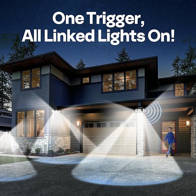 VIVOHOME Linkable Solar Lights Outdoor, Dual Roating Motion Sensor Flood Lights Solar Powered Security Light with 3 Heads, 2500LM, IP65 Waterproof for Outside, Yard, Garage, Wall, Patio, 3 Pack