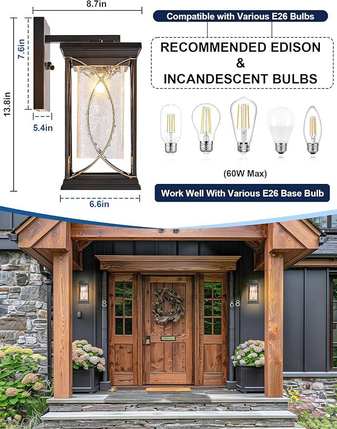 Dusk to Dawn Outdoor Wall Light Black with Gold Trim Modern Exterior Sconce Aluminum Waterproof Coach Light Fixture with Crack-Like Glass Outside Wall Lantern for House Garage Porch Lighting