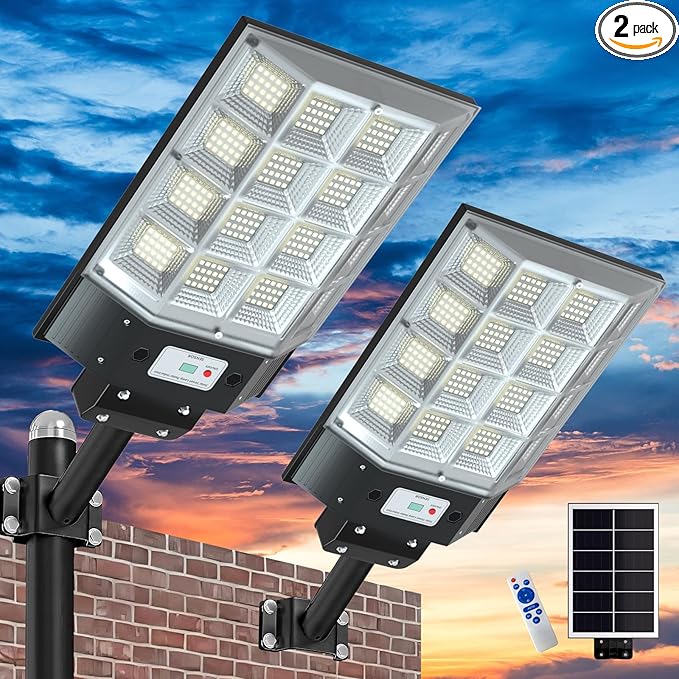 Solar Street Lights Outdoor Waterproof, 8000W Solar Flood Light with Motion Sensor Dusk to Dawn Commercial Parking Lot Light 2 Pack