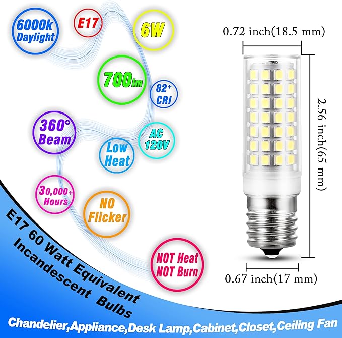 E17 LED Light Bulb 6W(60W Halogen Equivalent) 6000K Daylight White 700lm 120V E17 LED Intermediate Base Bulb for Chandelier,Appliance,Desk Lamp,Cabinet,Closet,Ceiling Fan,Non-dimmable,5pack