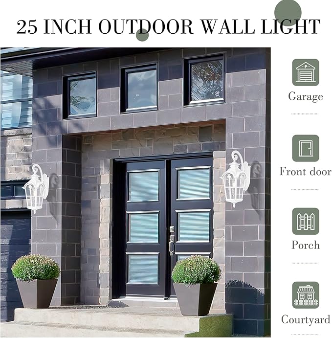 Emliviar 1-Light Modern Outdoor Porch Light Fixture, 25 Inch Large Exterior Wall Light, Die-Cast Aluminum with Water Grain Glass, White Finish, WE215BM WH