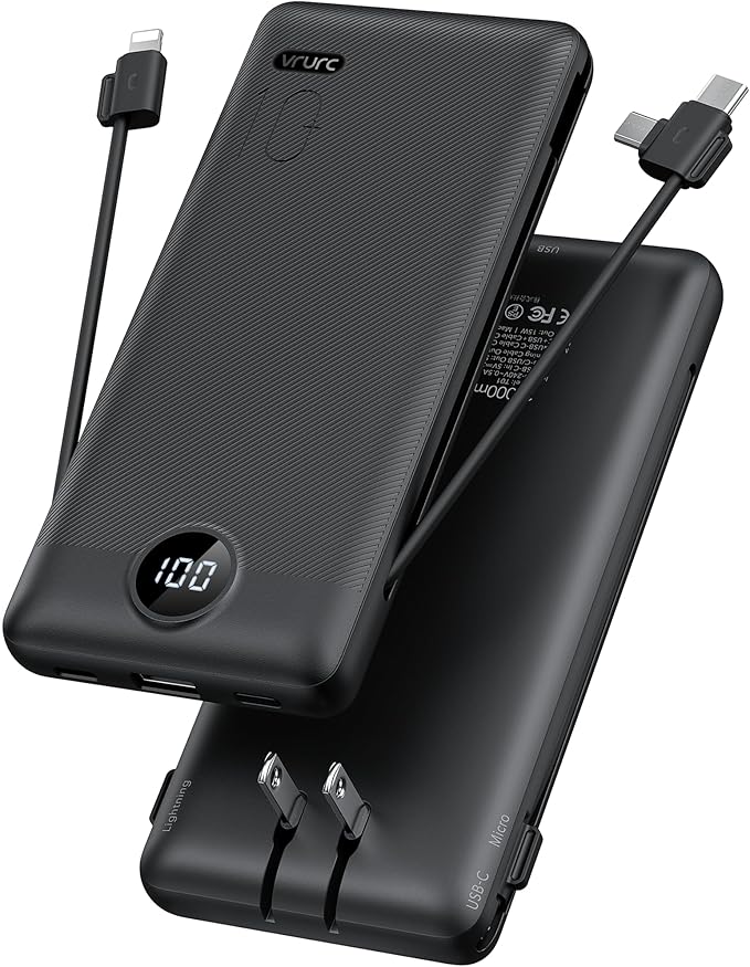 VRURC Portable Charger Built-in Cables and AC Wall Plug, USB C Power Bank 10000mAh, Travel Essentials Phone Charger Compact Lightweight External Battery Pack for Smart Phones, Tablets-Pure Black