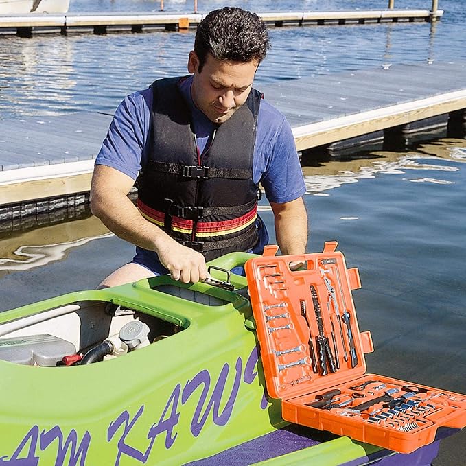GreatNeck MS125 125 Piece Marine Tool Set, Complete With High Visibility, Water-Resistant Boat Tool Box Case, Anti-Rust Chrome-Plated Boat Supplies And Accessories, Orange
