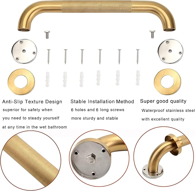 Shower Grab Bar, 2 Pack 12 Inch Gold Bathroom Grab Bar, 1.25" Diameter 304 Stainless Steel Anti-Slip Grab Bars for Bathtubs and Showers, Handicap Shower Grab Bar for Seniors Elderly