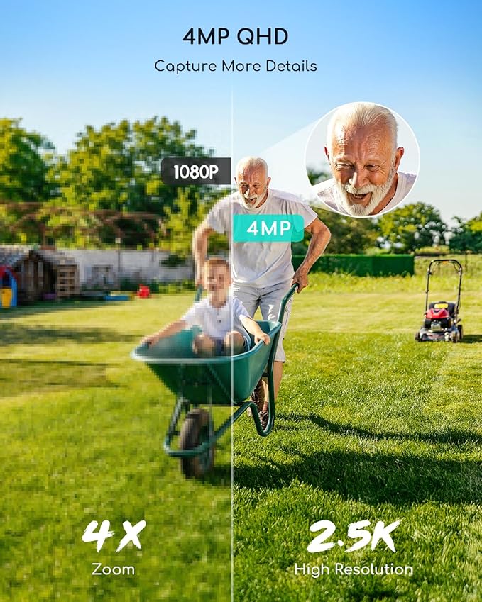 COOAU Cameras for Home Security Outdoor,4MP Solar Security Camera Wireless System,4 Cam-Kit,360° Pan & Tilt,Color Night Vision,Motion Detection,No Monthly Fee,Siren Alarm,IP66,64GB Memory Card