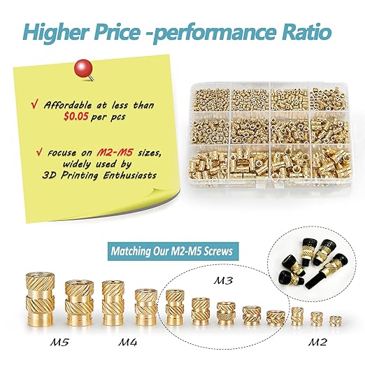 Kadrick 520Pcs M2 M3 M4 M5 Threaded Inserts Assortment Kit for 3D Printing Components, Metric Brass Knurled Nuts, Insert by Heat into Plastic Parts