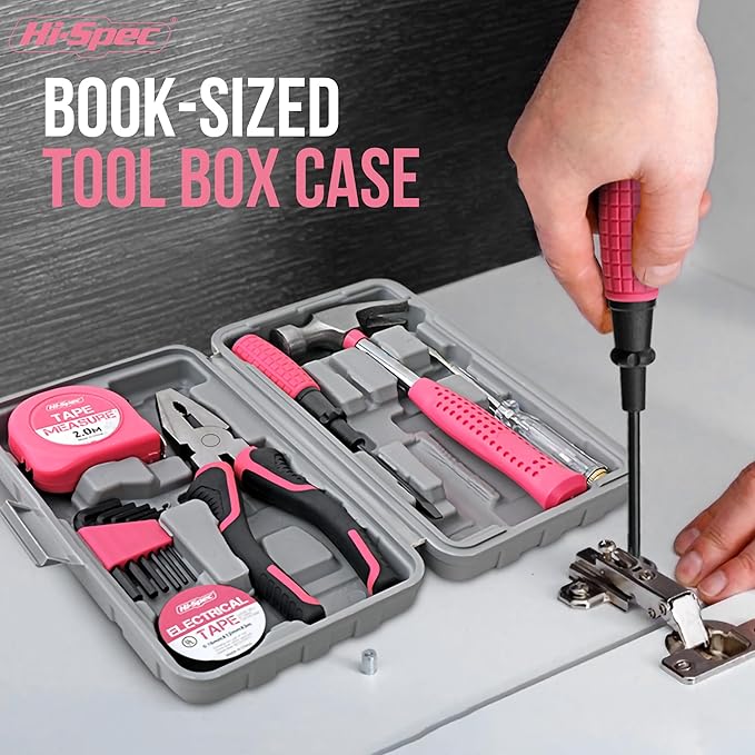 Hi-Spec 13pc Pink Small Compact Womens Ladies Hand Mini Tool Kit Set for Home & Office DIY. Household Basic Repairs in a Portable Toolbox Case