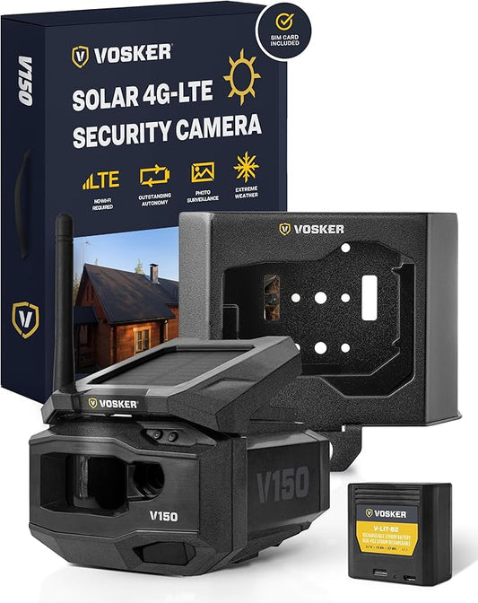 Vosker V150 Solar-Powered LTE Cellular Home Security Outdoor Camera | Motion Activated Photo Capture Nightvision Wireless Camera | Receive Photos (No Video) on Your Mobile App (V150-Nationwide Pack)