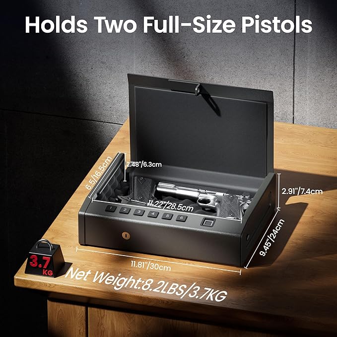 Biometric Gun Safe for Handgun – Quick Access Pistol Safe with 100 Fingerprints, Backlit Keypad & Backup Keys – Gun Lock Box for Nightstand, Bedside, Car, Truck & Vehicle Use