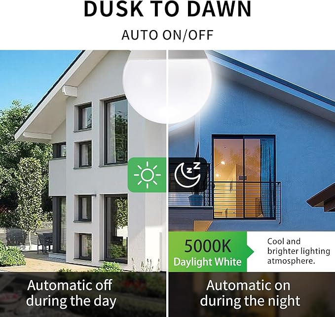 Dimmable Dusk to Dawn Light Bulbs Outdoor, Automatic Light Sensing Bulb, 1000LM, 75W Equivalent, Daylight, LED 12W, A19 E26 Base, 2 Pack, HQ-H029
