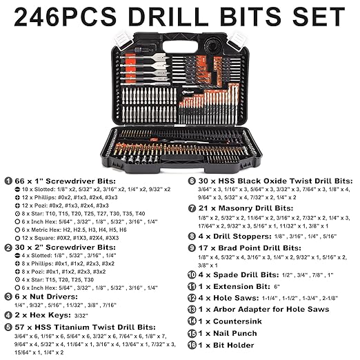 COMOWARE Drill Bit Set, 246 Pcs Screwdriver Bits for Cordless Drill, Screwdriver Drill Bits Set Combo Kit for Wood, Metal Masonry Cement, Orange Case