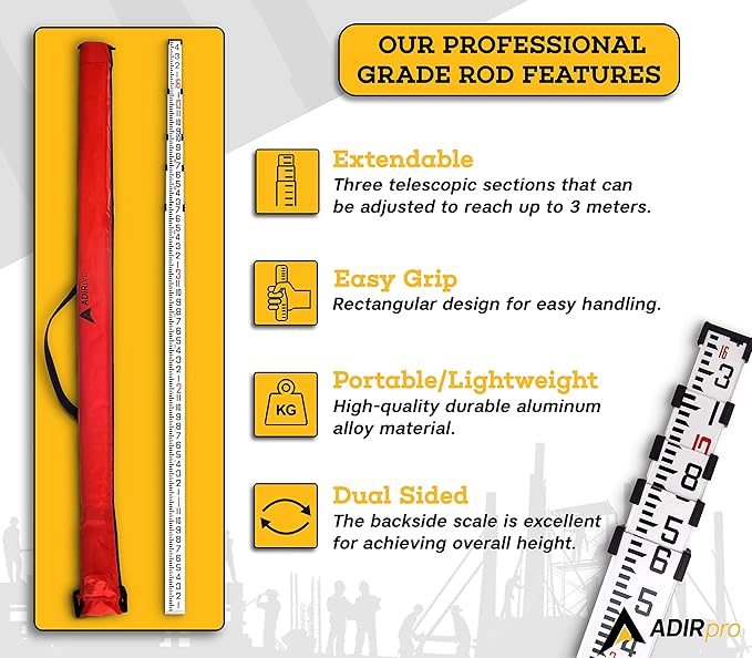 AdirPro 16-Foot Aluminum Grade Rod – 8ths, Dual Sided 5-Section Telescopic Leveling Rod – Bubble Level and Soft Carrying Case Included