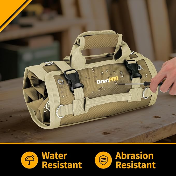 Premium Tool Bag Roll Up, Tool Roll Portable Foldable Tool Storage with 2 Detachable Pouches, Soft Rollable Tool Pouch for Mechanics, Electricians, DIY, Gifts for Dad, Men Birthday Gift, Khaki