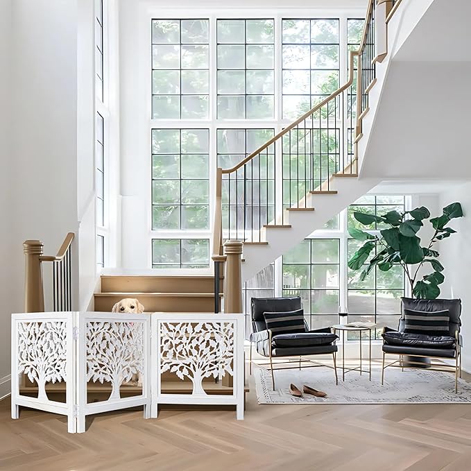 Foldable Wooden Dog Gate 3 Panel 24" Height x 60" Wide Tree Design, Free Standing Pet Fence for Doorways, Indoor Decorative Dog Gate for House, Extra Wide White Puppy Barrier,Pre-Assembled, Easy Setup