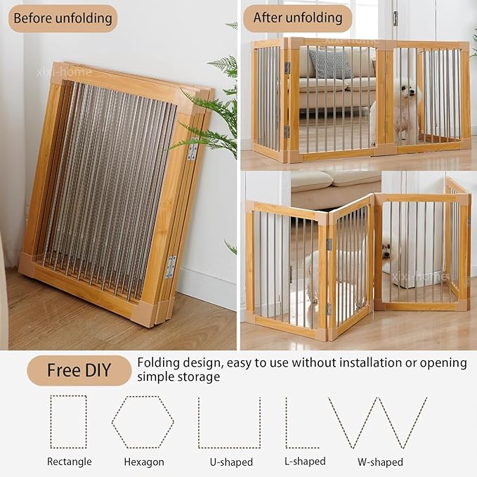 Foldable Wooden Dog Gates 82.6" Wide, 27.5" Tall Freestanding Pet Gate Dog Fence No-Installation Puppy Safety Fence Extra Wide Puppy Barrier for Doorways,Stairs, or Hallways-4 Panel，White