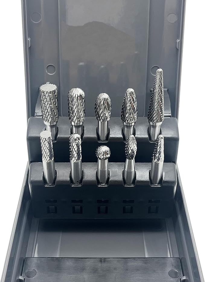 LU&MN Die Grinder Bits, Double Cut Solid Carbide Rotary Burrs Set with 1/4 Inch Shank for Metal Carving, Polishing, Engraving, and Drilling (10 Pcs-Set)