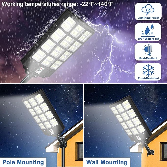 Solar Flood Lights Outdoor Waterproof, 9000W Solar Street Light with Motion Sensor Dusk to Dawn Commercial Parking Lot Light 2 Pack