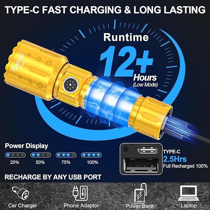 Flashlights High Lumens Rechargeable, Super Bright Long Range Small Powerful Flashlight, 6 Modes LED Tactical Pocket Waterproof Flash Light for Home Emergency (2, Yellow Gold)