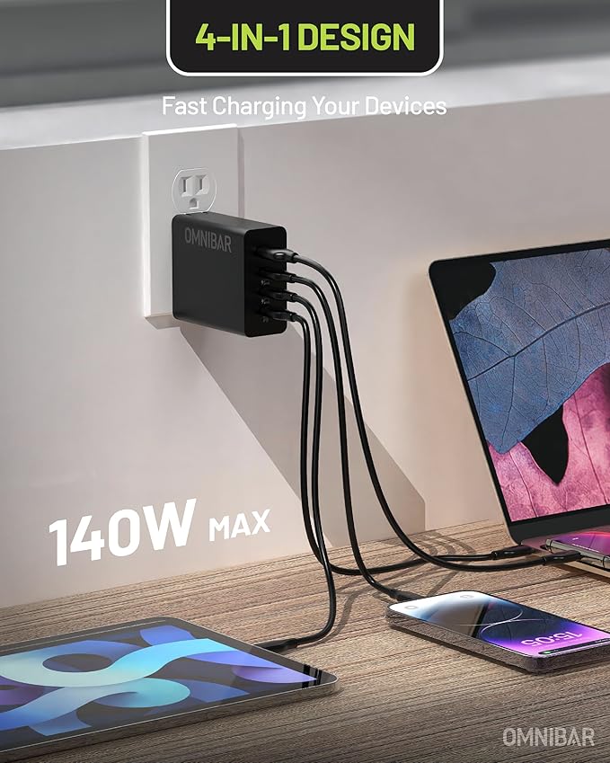 140W USB C Charger, 4-Port GaN Foldable Fast Wall Charger,100W Laptop Fast Charger Adapter for MacBook Pro 16 14 Mac Air 15 13 inch,iPad Pro,iPhone 16/Pro,Dell XPS 13,Note 20/10+,Samsung,Pixel etc