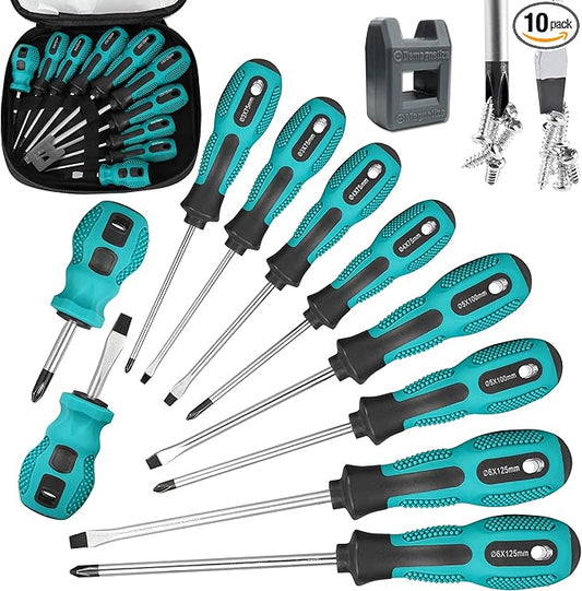 Magnetic Screwdriver Set 10 PCS,5 Phillips and 5 Flat Head Precision Screwdriver,Professional Cushion Grip and Non-Slip for Repair Home Improvement Craft,Green