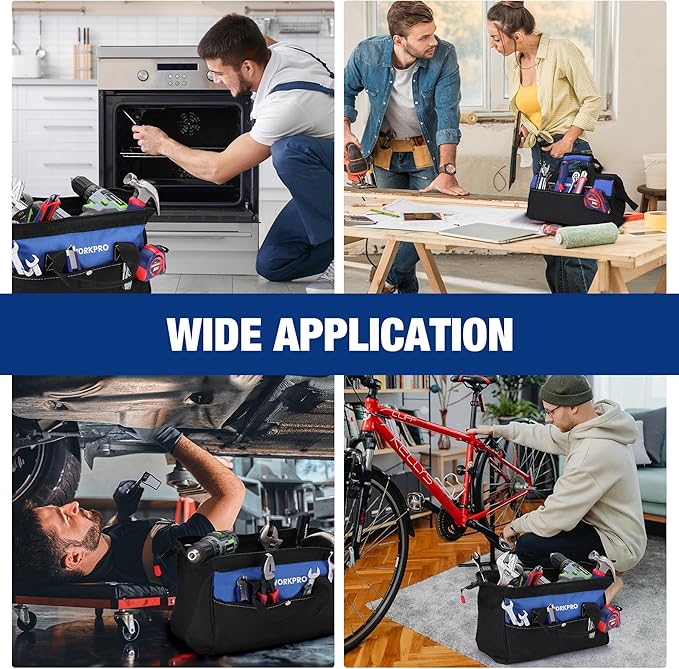 WORKPRO 13-inch Tool Bag, Wide Mouth Tool Tote Bag with Inside Pockets for Tool Storage