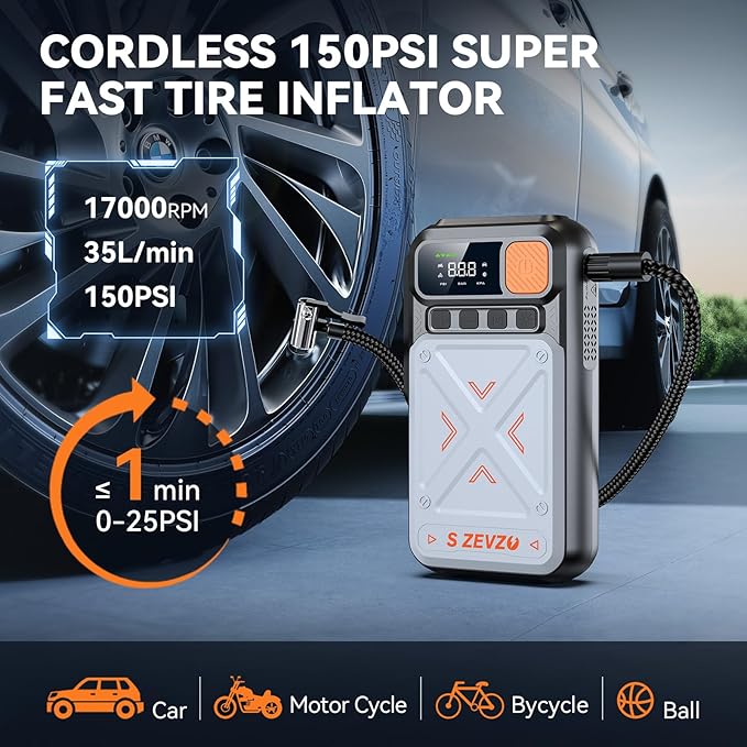 B29L 10 in 1 Car Jump Starter with Air Compressor, 3500A 150PSI Jump Box Battery Pack(8.0 Gas/6.0L Diesel), Portable 12V Jump Box with Cordless Auto-Shutoff Tire Inflator, USB Ports, LCD Display