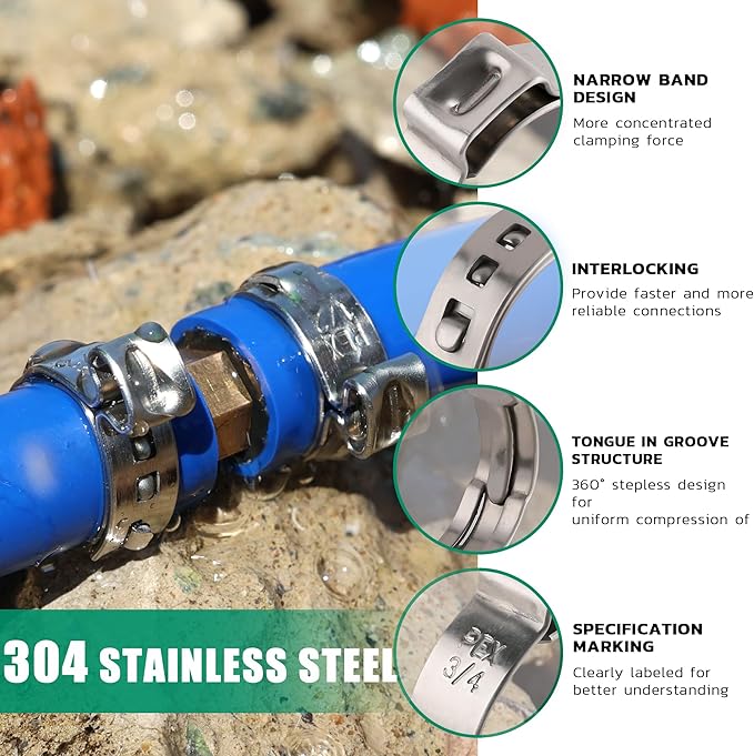 100PCS Pex Crimp Rings Assortment,304 Stainless Steel Pex Clamps 1/2",3/4" Single Ear Hose Clamps,Pex Cinch Clamps for Pex Fittings Pipe Tubing