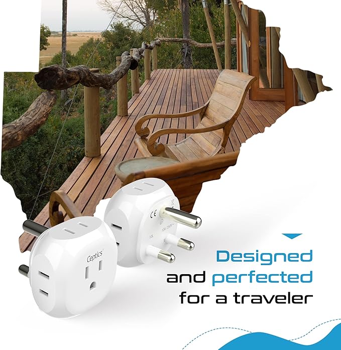 Ceptics South Africa Travel Plug Adapter South Africa Power Adapter Charger 4 Input - USA to Any Type M Countries Such as Botswana, Namibia and More - 2 Pack (PT-10L), White (PT-10L-2PK)