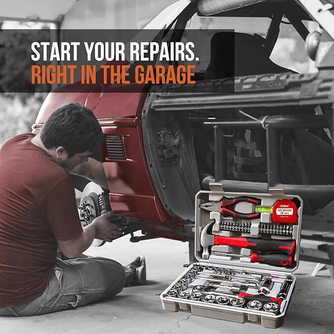 Hi-Spec 52pc Home Garage Mechanics DIY Tool Kit Set. Metric Sockets, Ratchet Wrench, Screwdriver Bit Set, Pliers and Spark Plug Accessories in a Portable Toolbox Case