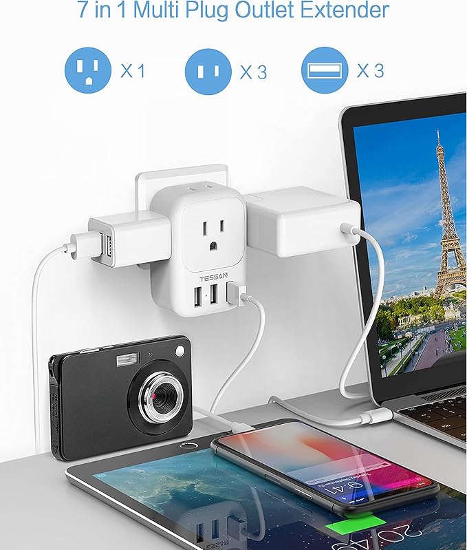 USB Charger Block, TESSAN Wall Plug Adapter with Electrical 4 Box Splitter 3 USB Wall Charger Ports, Multi Plug Outlet Extender Charging for Cruise, Travel, Office, Dorm Essentials, White