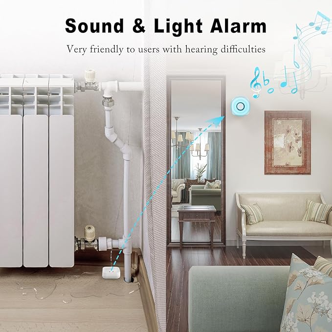 WiFi Water Sensors - 110dB Detector with Real-time APP Notifications | 5Pack Leak Alarm with Remote Control, 2.4G Sensors for Home