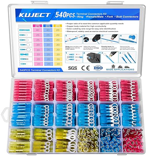 Kuject 540PCS Heat Shrink Wire Connectors Kit, Electrical Waterproof Crimp Butt Terminals, Insulated Spade Connectors for Automotive Marine Boat Truck, Include Rings Forks Spade Butt Splices