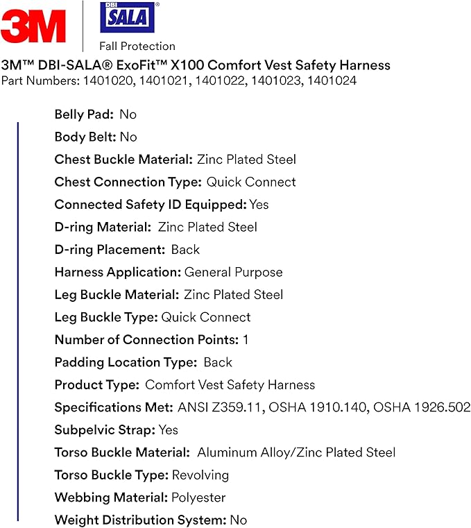 3M DBI-SALA ExoFit X100 Comfort Vest Safety Harness Fall Protection, OSHA, ANSI, General Purpose, 1 D-Ring Connection, Quick Connect Leg and Chest Buckles, Zinc Plated Steel, 1401023, X-Large