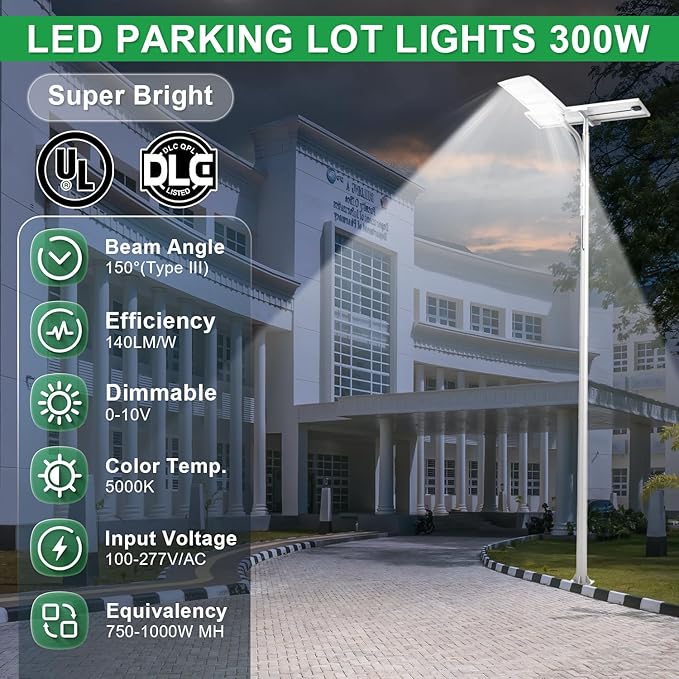 300W LED Parking Lot Light, 5000K 42000LM(140lm/w) LED Shoebox Area Light - Slip Fitter Mount, Dimmable Commercial Street Lighting, Surge Protection Built-in, AC100-277V UL DLC Listed