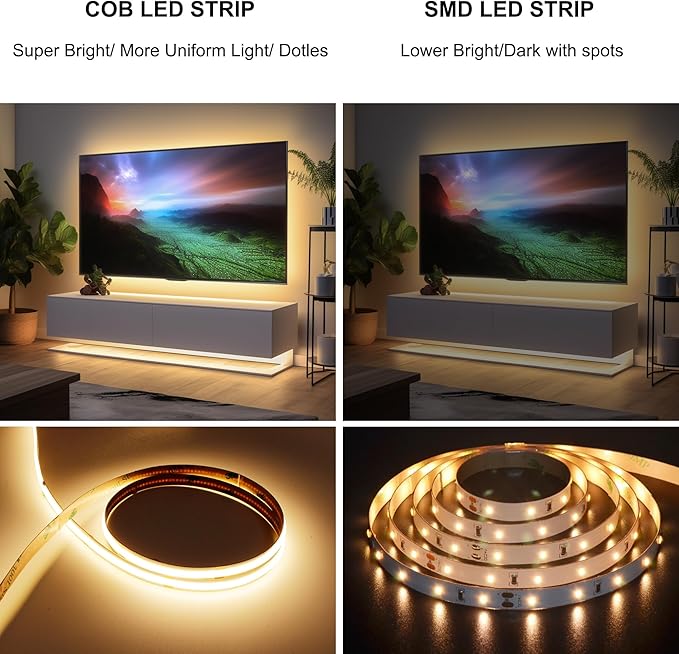 COB LED Strip Lights with RF Remote, 24V 32.8ft Warm White Dimmable LED Light Strips, High Bright 3000K LED Lights with Power Supply for Room, Kitchen, DIY Home Decoration